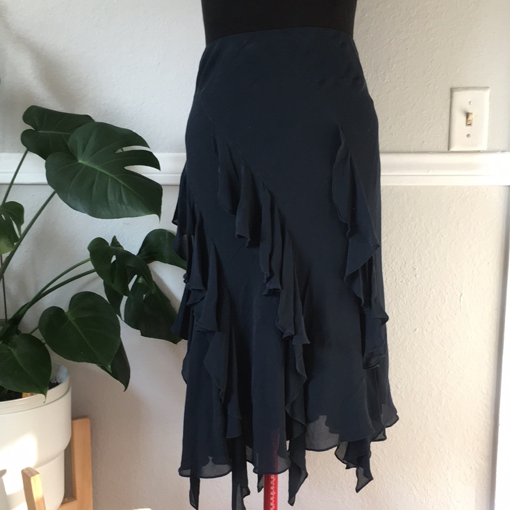 DKNY Navy Asymmetrical Silk Ruffled Skirt